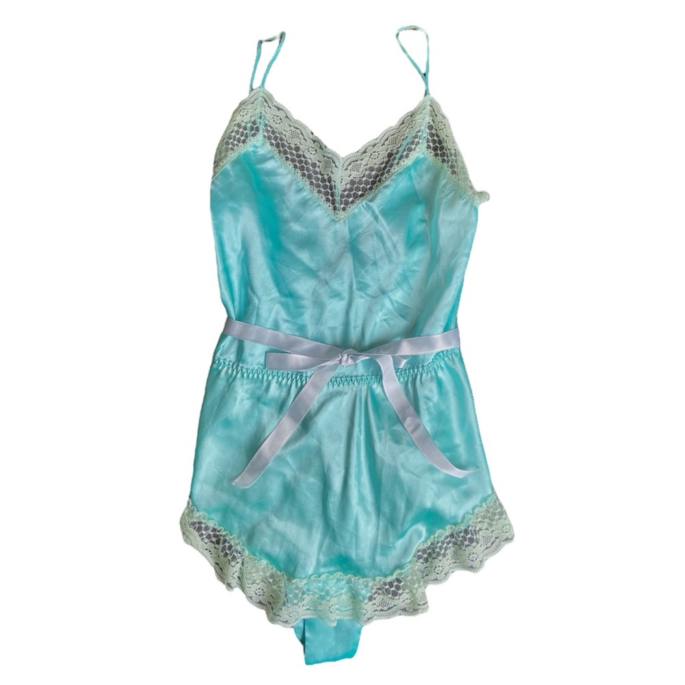 Blue Teal Lace Trim Women's Mini Romper with Satin Ribbon